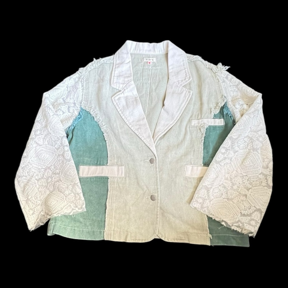 POL Colorblock Lace-Trim Jean Jacket in White and Seafoam